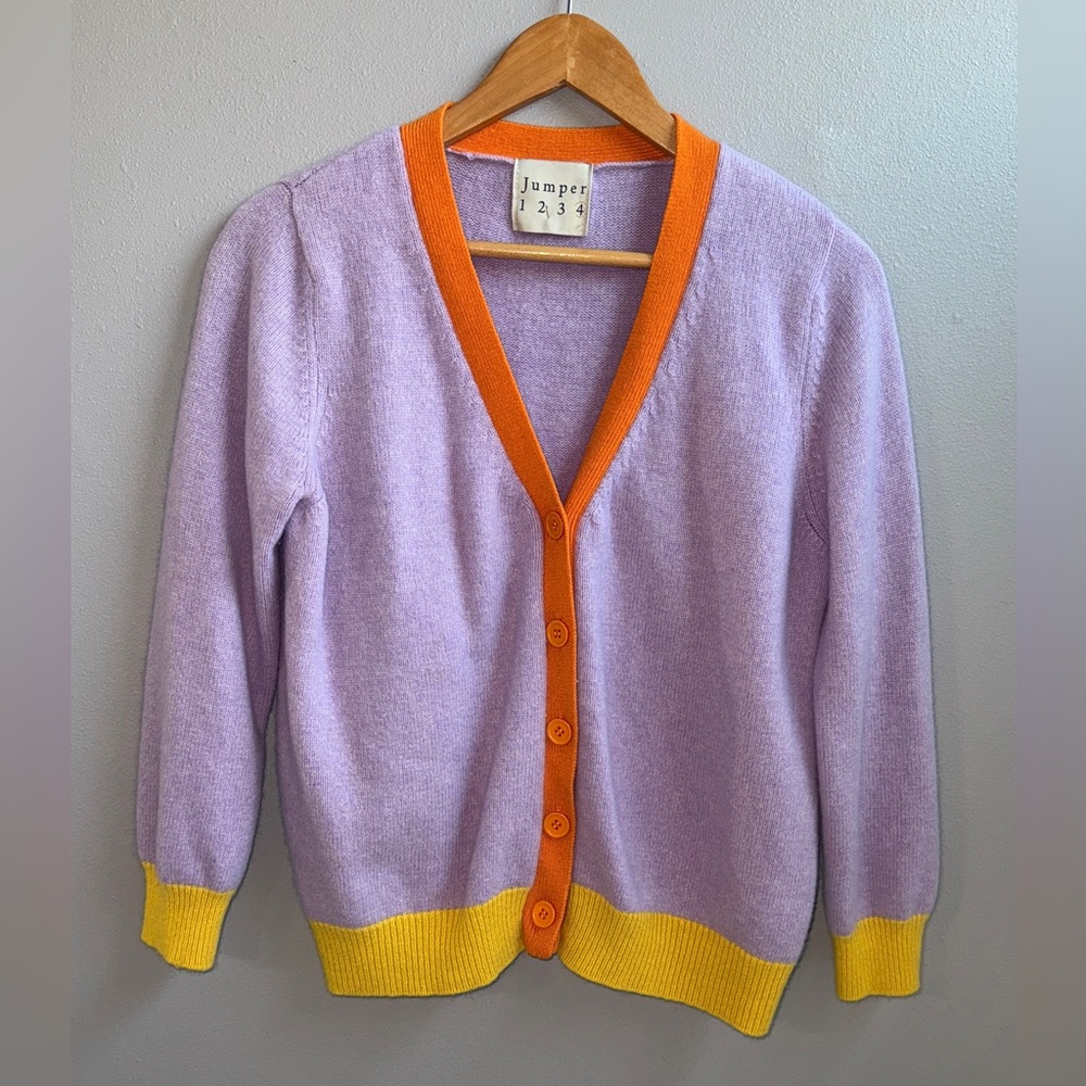 JUMPER 1234 Contrast trim color block 100% Cashmere Cardigan sweater sz US 10-12